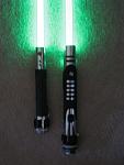 Hi all! It's great to joining this amazing network of people who share my newest passion! Her are my first sabers... the larger is my first build, a 2 layer sinktube stunt saber 12.5" long with the 4aaa P4 kit from the shop... currently just named "Alpha." The smaller is the one I'll be giving to my nephew for his birthday. It's 9.75" long and made from the same kit so it's green "just like uncle Matt's!" It's called the Dooku Destroyer because my 4 yr. old nephew thinks Count Dooku on the Clone Wars cartoon is the worst bad guy of all time :) Thanks for checking them out and let me know what you think!